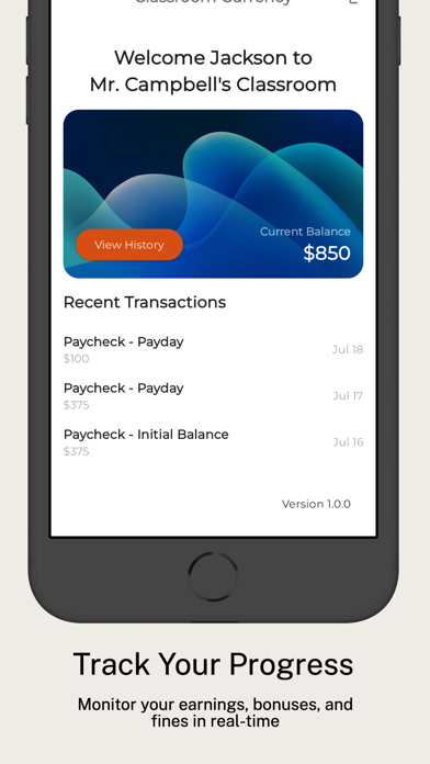 Classroom Currency student dashboard with a current balance and recent transactions