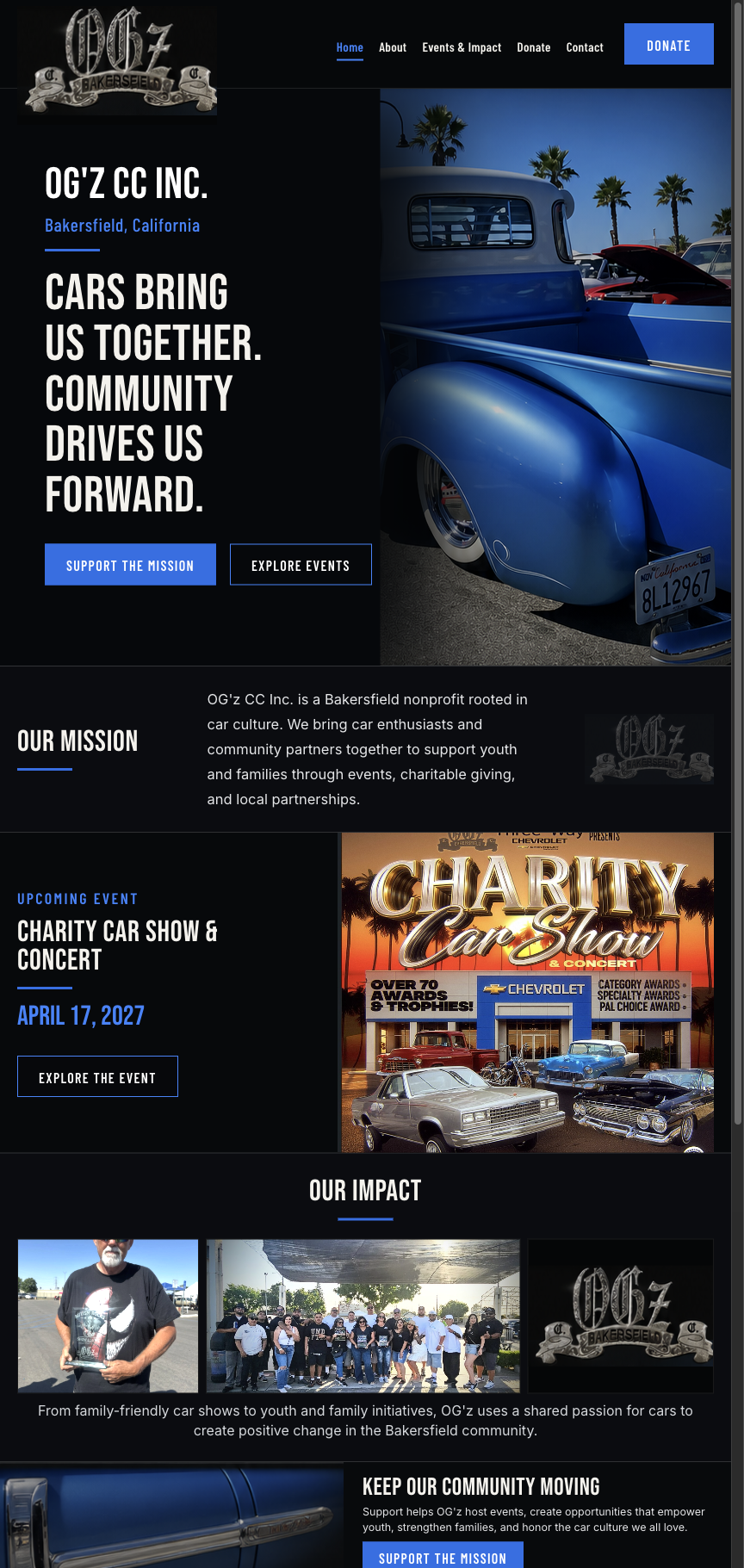 OG’z C.C. Inc. responsive homepage showing its car-community mission, upcoming event, and community impact